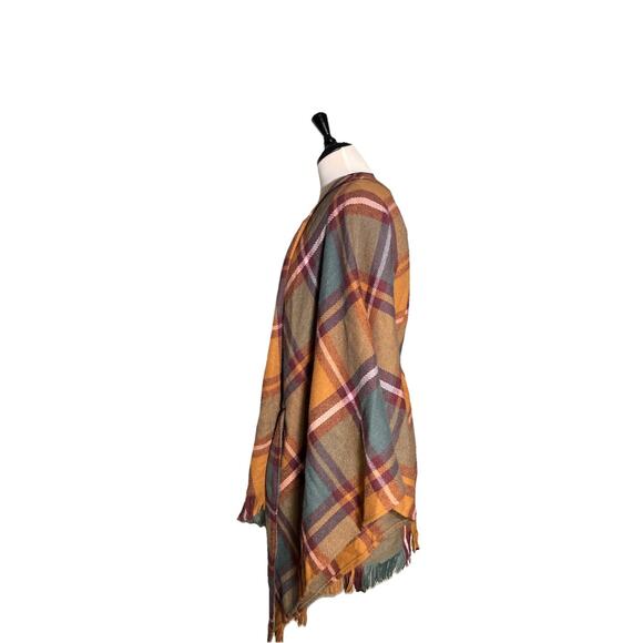 David And Young Plaid Pattern Belted Waist Fringe Open Front Poncho Tie Waist - Picture 4 of 6